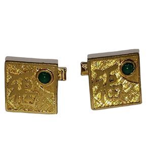 Good Luck Cufflinks, Vintage 1970s Gold Squares, Green Cabochon